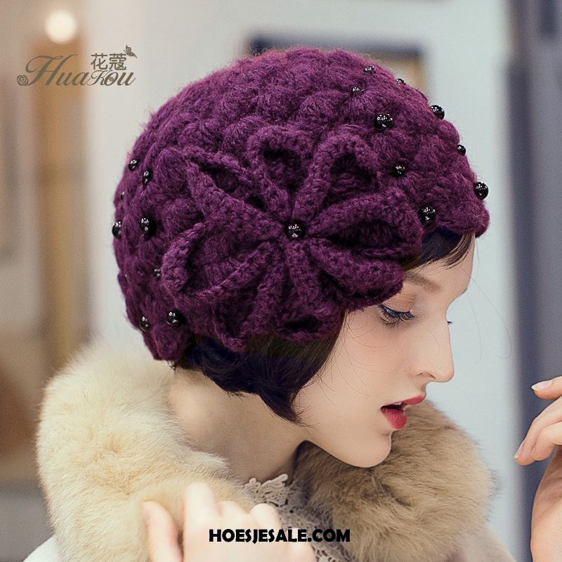 Hoeden Dames Purper Winter Schattig Breien Muts Bloemen Sale