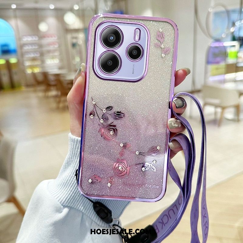 Hoesje Voor Xiaomi Redmi Note 14 4g Strass-steentjes En Bloemen Met Koord