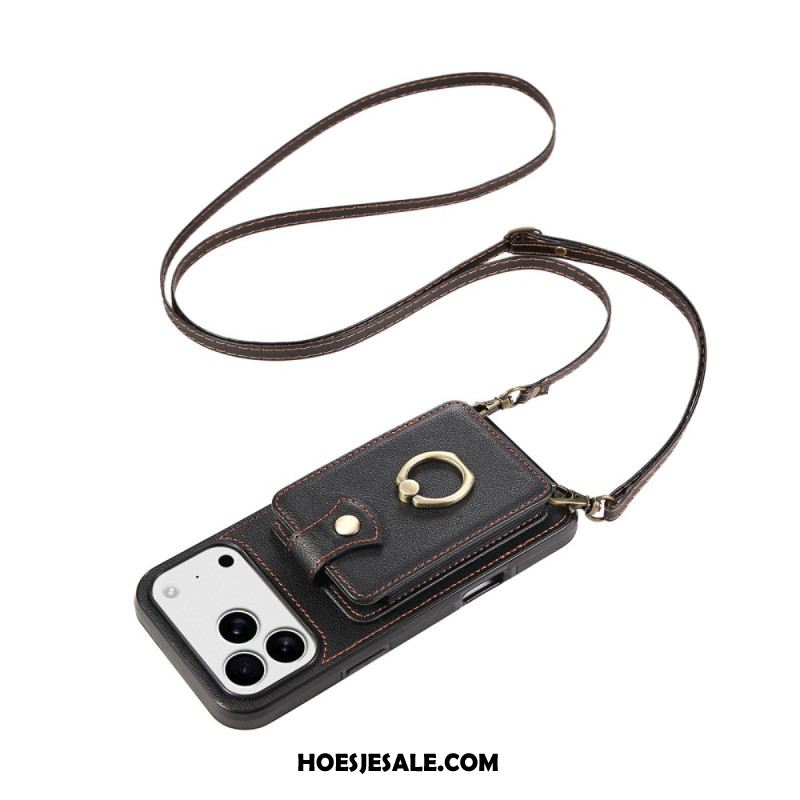 Hoesje iPhone 17 Pro Max Leerlook Met Kaarthouder En Polsband Bescherming Hoesje