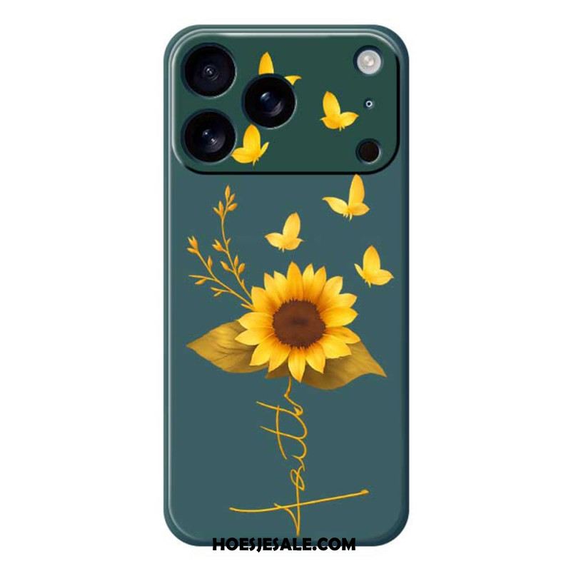 Hoesje iPhone 17 Pro Vloeibare Siliconen Met Zonnebloem En Vlinders Bescherming Hoesje