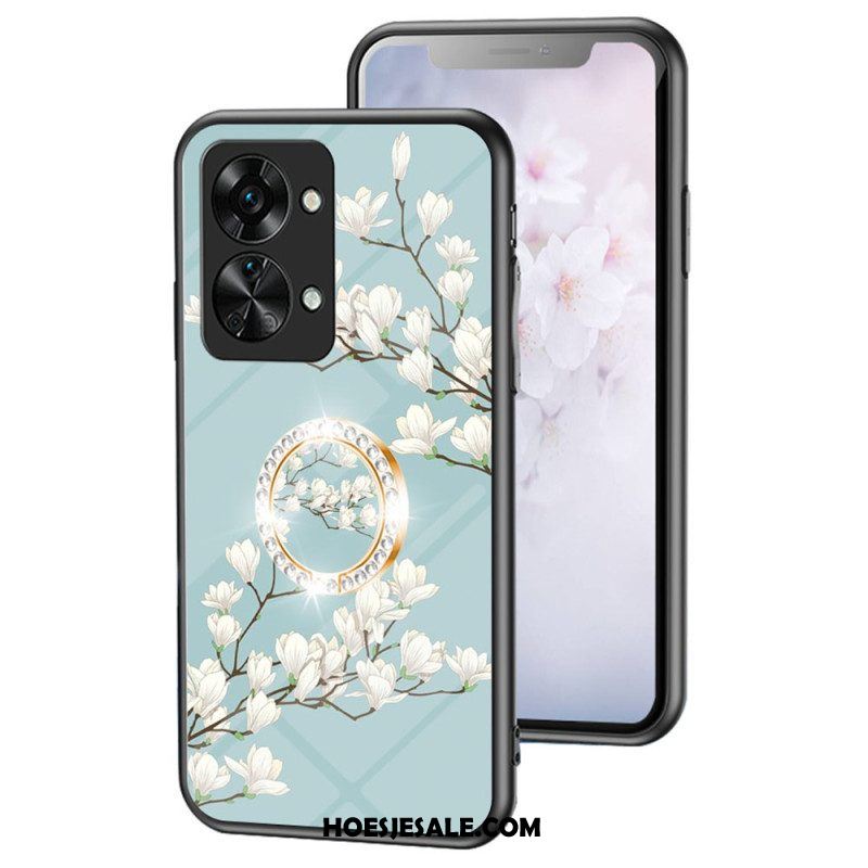 Hoesje voor OnePlus Nord 2T 5G Gehard Glas Bloemen Ring Diamanten