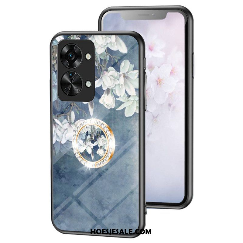 Hoesje voor OnePlus Nord 2T 5G Gehard Glas Bloemen Ring Diamanten