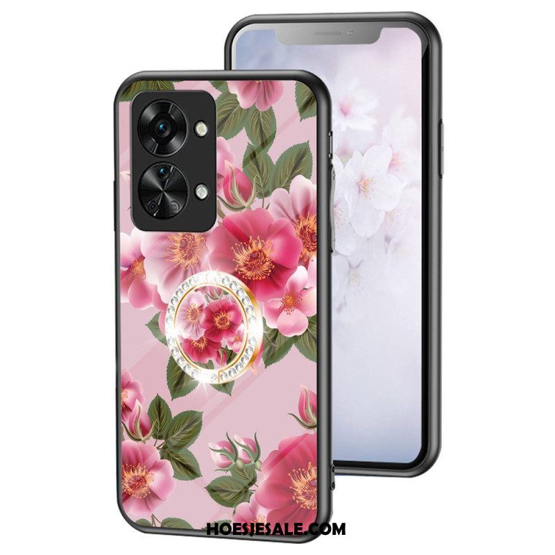 Hoesje voor OnePlus Nord 2T 5G Gehard Glas Bloemen Ring Diamanten