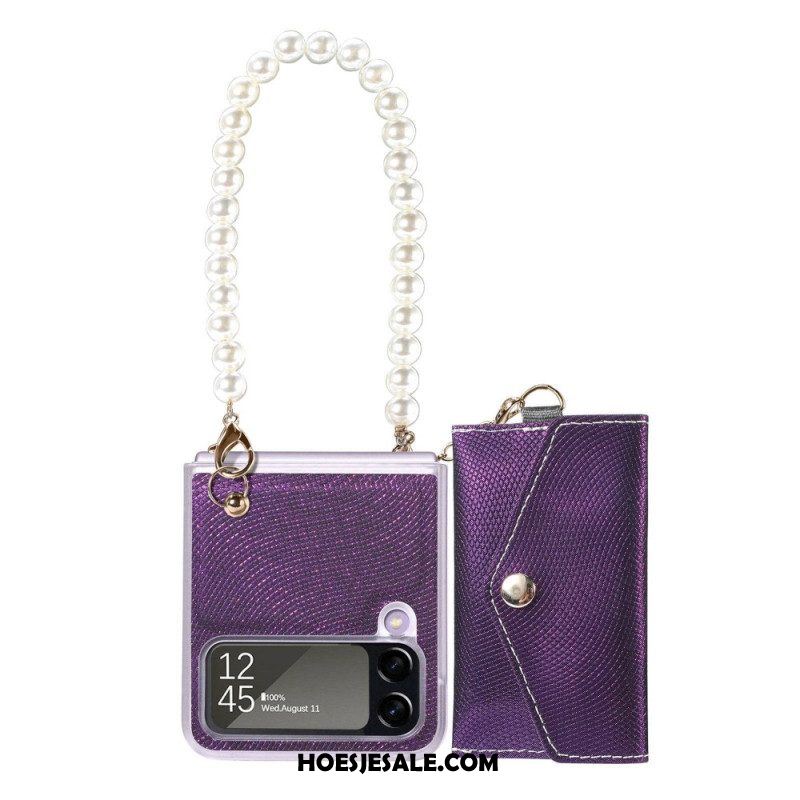 Hoesje voor Samsung Galaxy Z Flip 4 Folio-hoesje Kaarthouder En Lanyard Beads