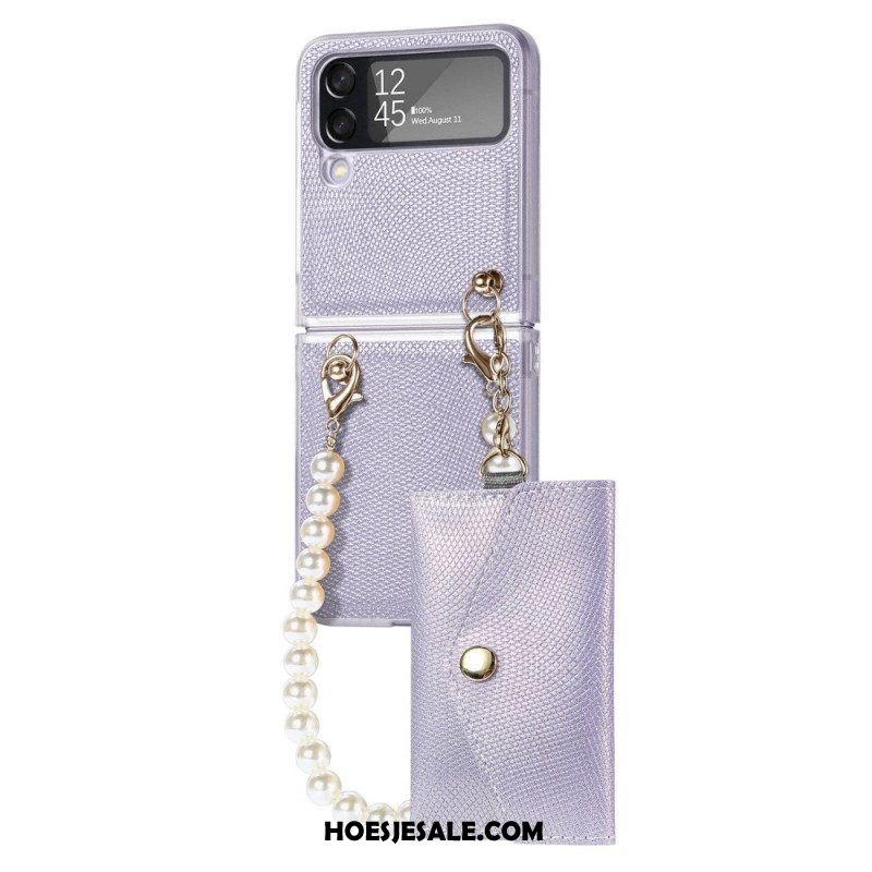 Hoesje voor Samsung Galaxy Z Flip 4 Folio-hoesje Kaarthouder En Lanyard Beads