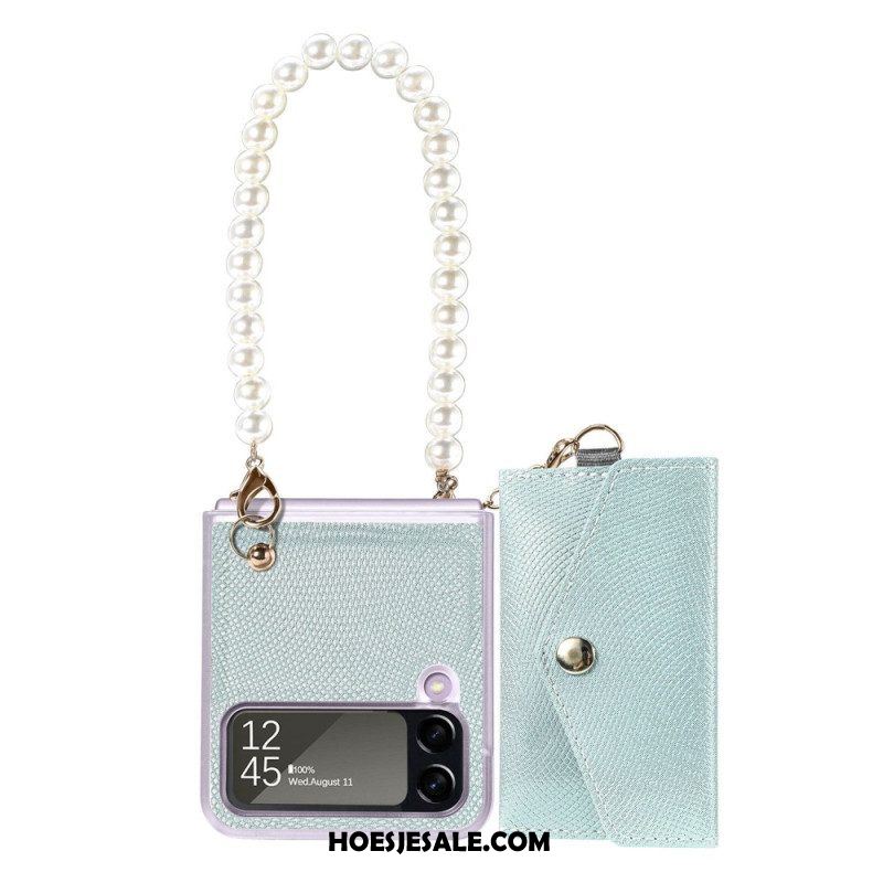 Hoesje voor Samsung Galaxy Z Flip 4 Folio-hoesje Kaarthouder En Lanyard Beads