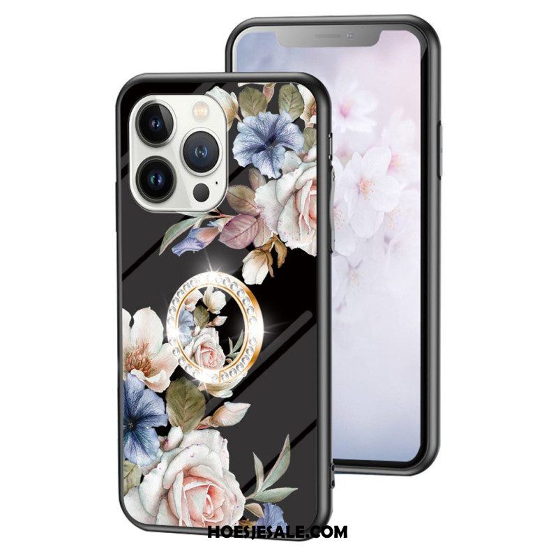 Hoesje voor iPhone 15 Pro Gebloemd Gehard Glas Met Steunring