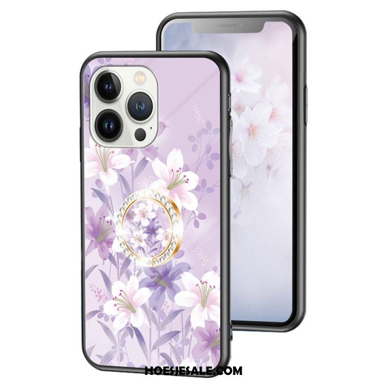 Hoesje voor iPhone 15 Pro Gebloemd Gehard Glas Met Steunring