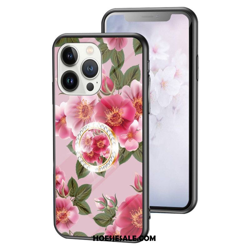 Hoesje voor iPhone 15 Pro Gebloemd Gehard Glas Met Steunring