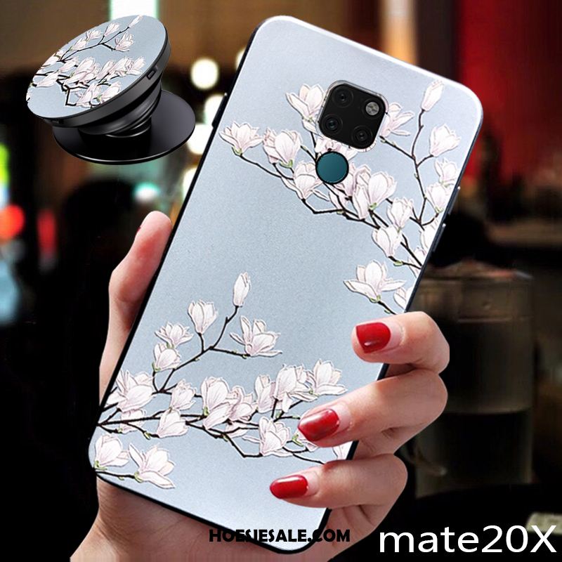 Huawei Mate 20 X Hoesje Hanger Zacht Bescherming Bloemen Blauw Kopen