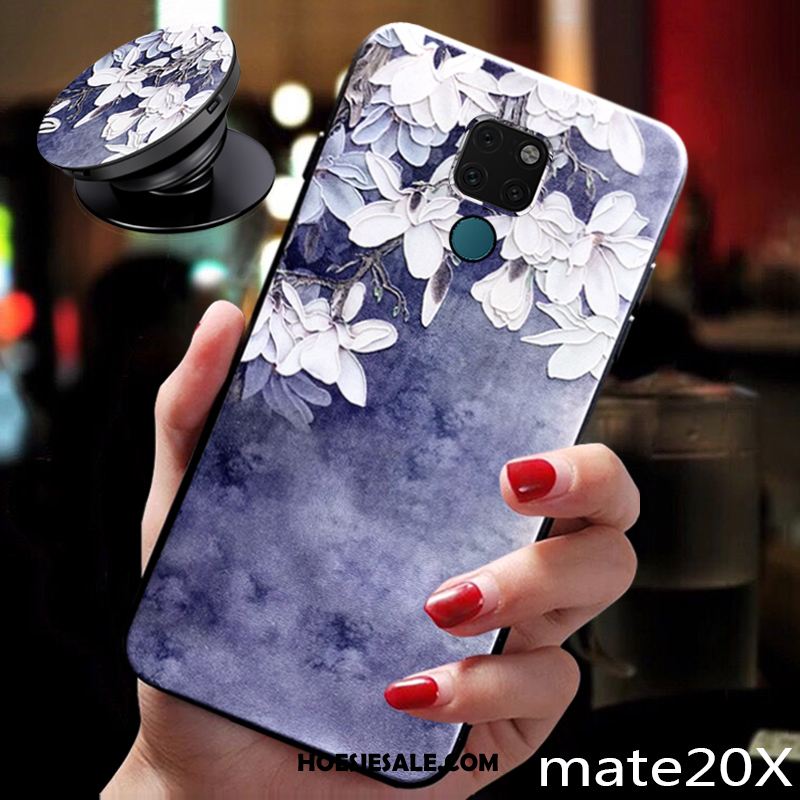 Huawei Mate 20 X Hoesje Hanger Zacht Bescherming Bloemen Blauw Kopen