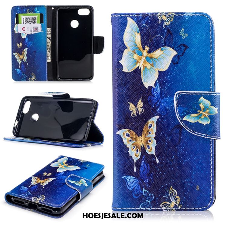 Huawei P9 Lite Hoesje Blauw Portemonnee Vlinder Kaart Reliëf Kopen