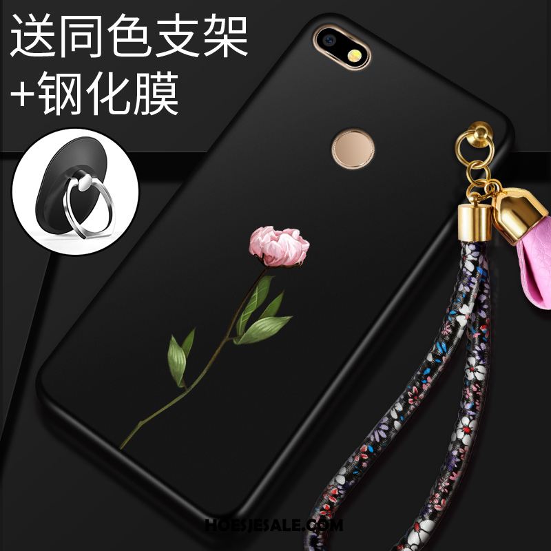 Huawei Y6 Pro 2017 Hoesje Bloemen Tempereren Rood Zacht Skärmskydd Winkel