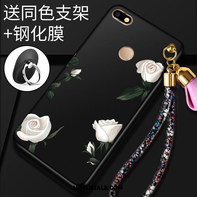 Huawei Y6 Pro 2017 Hoesje Bloemen Tempereren Rood Zacht Skärmskydd Winkel