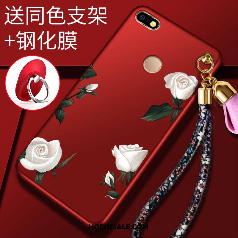 Huawei Y6 Pro 2017 Hoesje Bloemen Tempereren Rood Zacht Skärmskydd Winkel