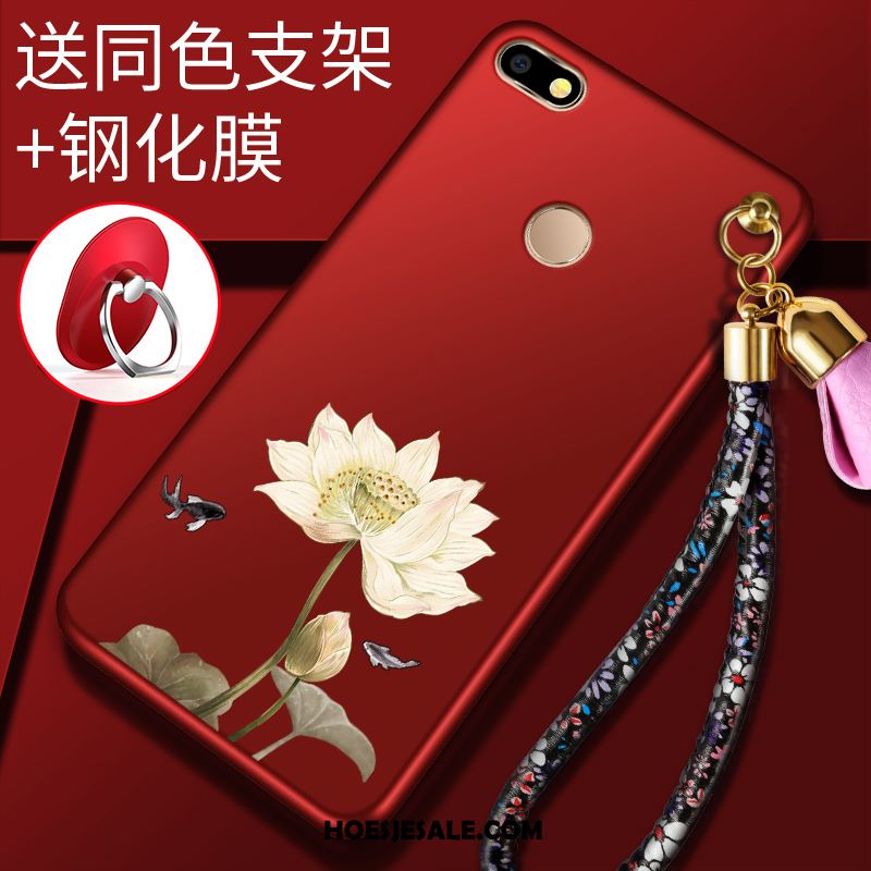 Huawei Y6 Pro 2017 Hoesje Bloemen Tempereren Rood Zacht Skärmskydd Winkel