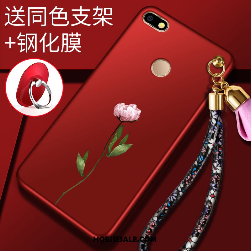 Huawei Y6 Pro 2017 Hoesje Bloemen Tempereren Rood Zacht Skärmskydd Winkel