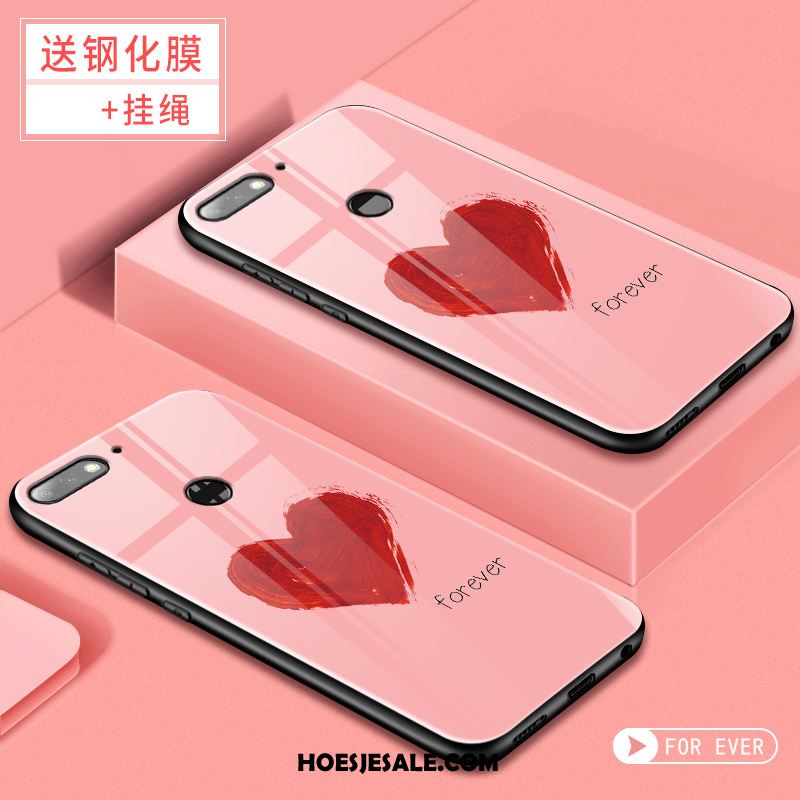 Huawei Y7 2018 Hoesje Trend Tempereren Gehard Glas Skärmskydd Rood Korting
