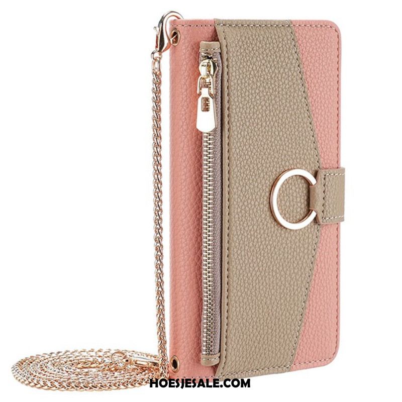 Leren Hoesje Huawei Pura 80 Tweekleurig Met Spiegel En Ketting