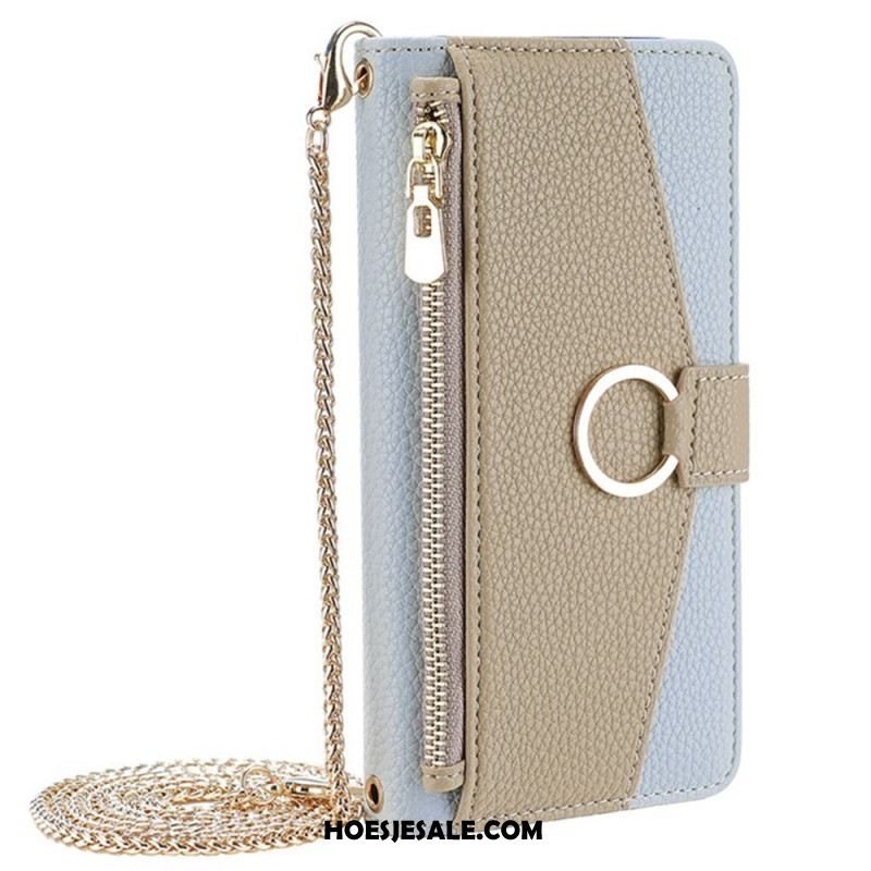 Leren Hoesje Huawei Pura 80 Tweekleurig Met Spiegel En Ketting