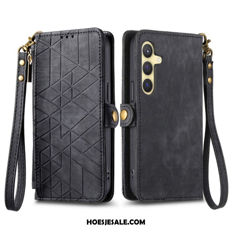 Leren Hoesje Samsung Galaxy S25 5g Portemonnee Met Geometrische Suède-look