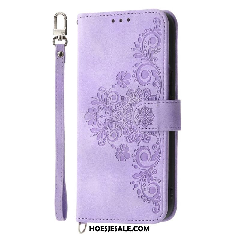 Leren Hoesje Samsung Galaxy S25 Plus 5g Bloemenpatroon En Bandjes Bescherming Hoesje