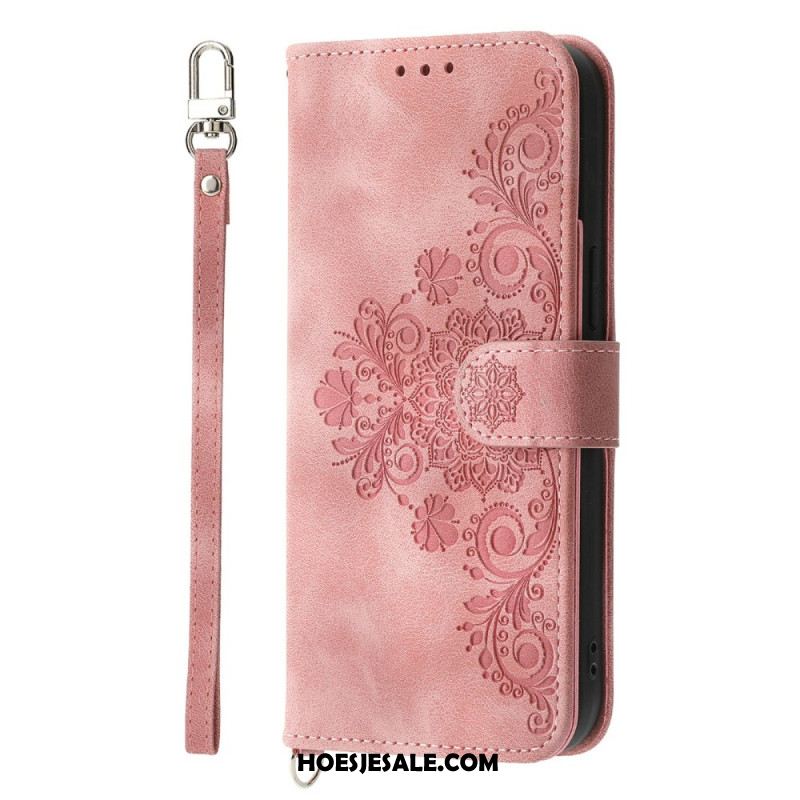 Leren Hoesje Samsung Galaxy S26 Bloemenpatroon Met Suède-effect En Bandjes Bescherming Hoesje