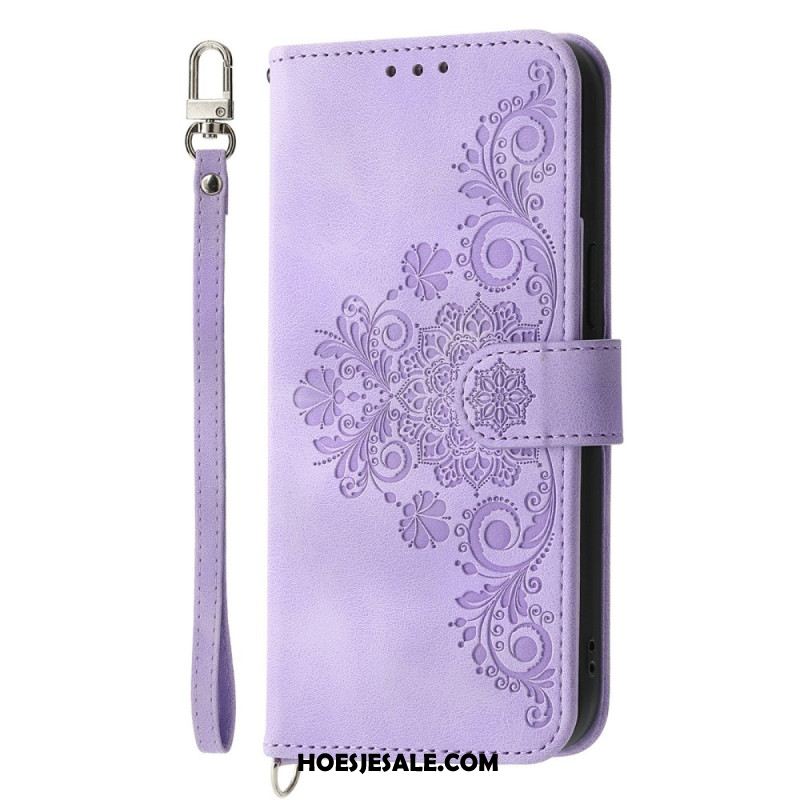 Leren Hoesje Samsung Galaxy S26 Bloemenpatroon Met Suède-effect En Bandjes Bescherming Hoesje