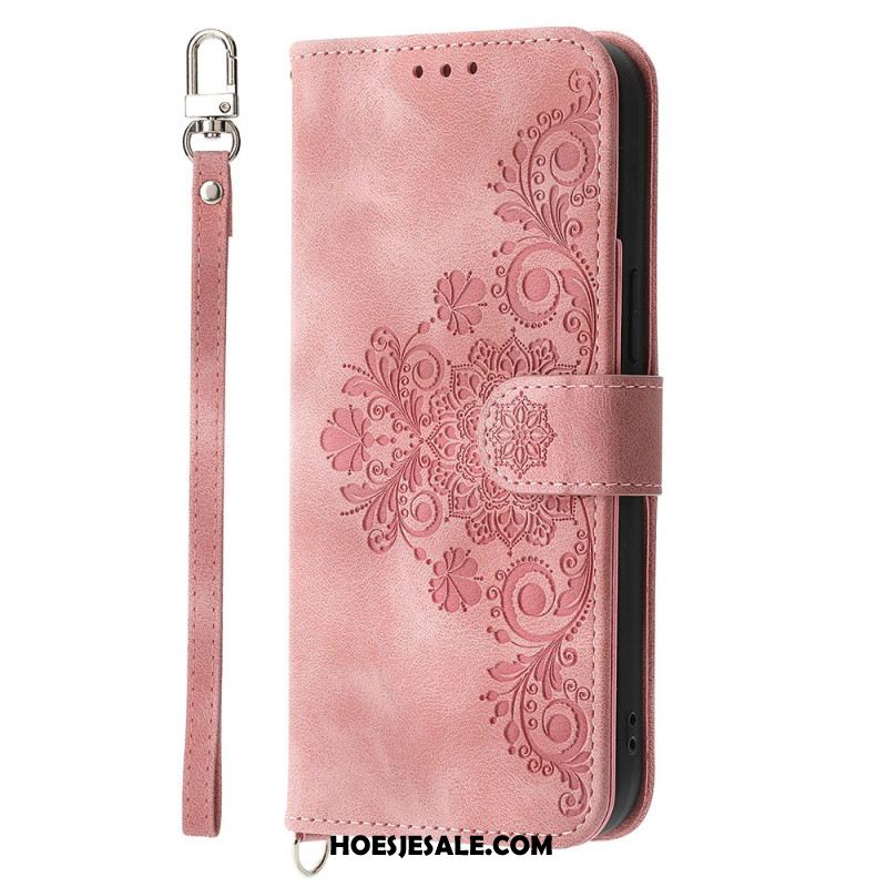 Leren Hoesje Voor Samsung Galaxy S25 Fe Kantprint Met Bandje En Schouderband