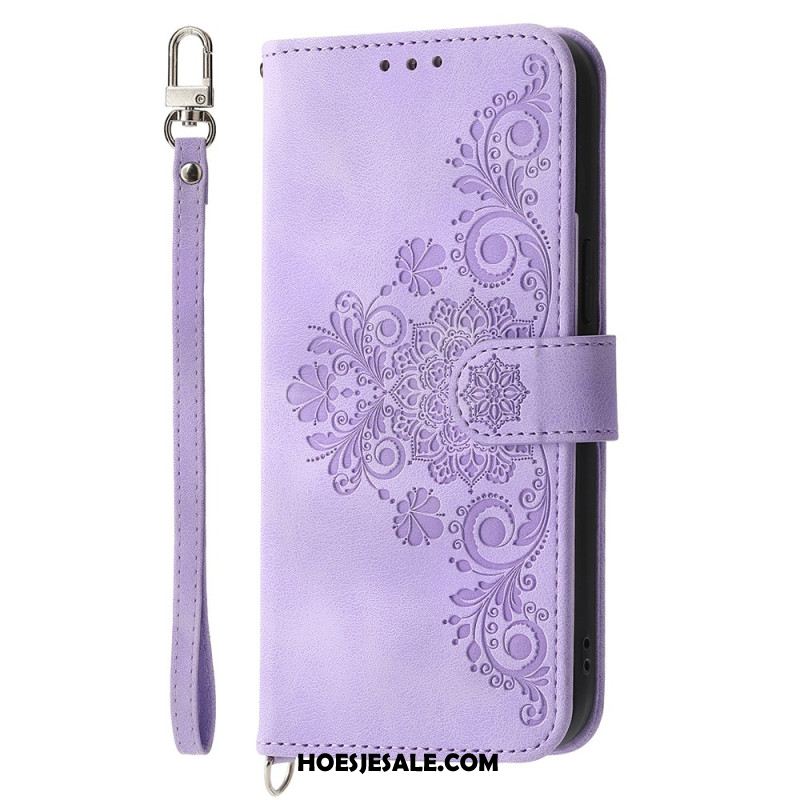 Leren Hoesje Voor Samsung Galaxy S25 Fe Kantprint Met Bandje En Schouderband