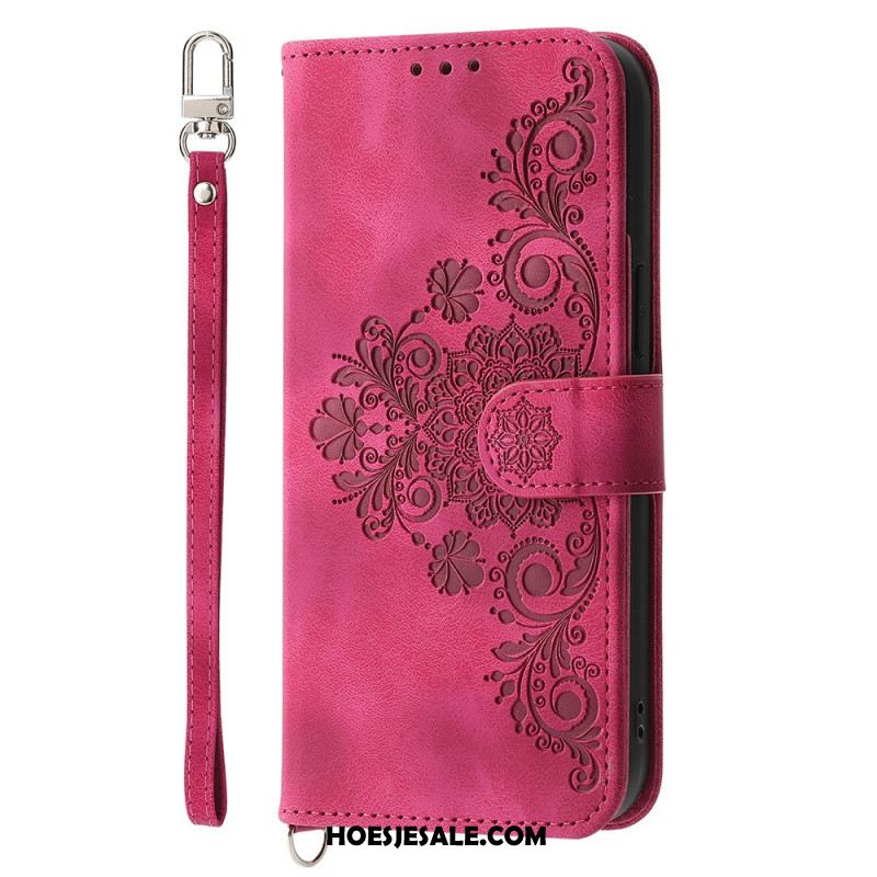 Leren Hoesje Voor Samsung Galaxy S25 Fe Kantprint Met Bandje En Schouderband