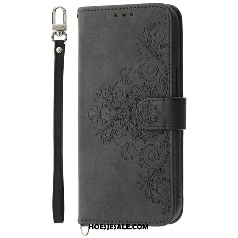 Leren Hoesje Voor Xiaomi 15 Pro Suède-effect Bloemenpatroon Met Bandje En Schouderriem