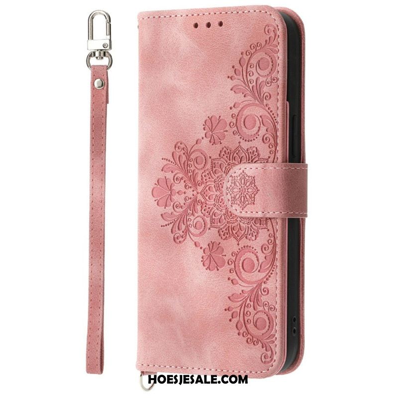 Leren Hoesje Voor Xiaomi 15 Pro Suède-effect Bloemenpatroon Met Bandje En Schouderriem