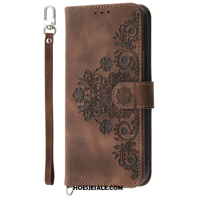 Leren Hoesje Voor Xiaomi 15 Pro Suède-effect Bloemenpatroon Met Bandje En Schouderriem