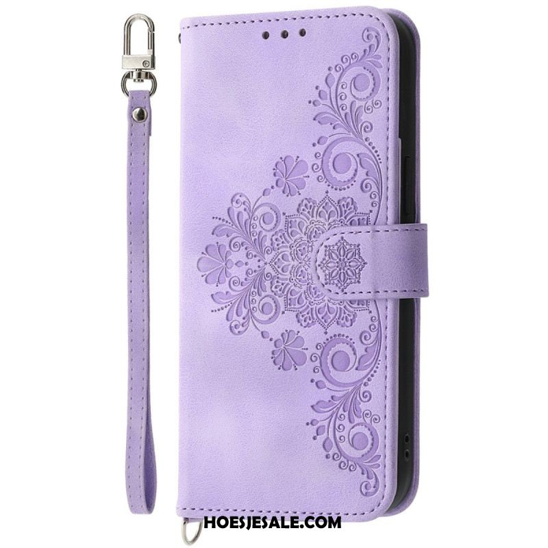 Leren Hoesje Voor Xiaomi 15 Pro Suède-effect Bloemenpatroon Met Bandje En Schouderriem