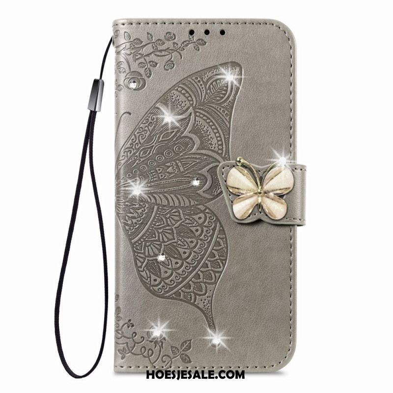 Leren Hoesje Voor Xiaomi 17 3d-vlinder En Strass-steentjes