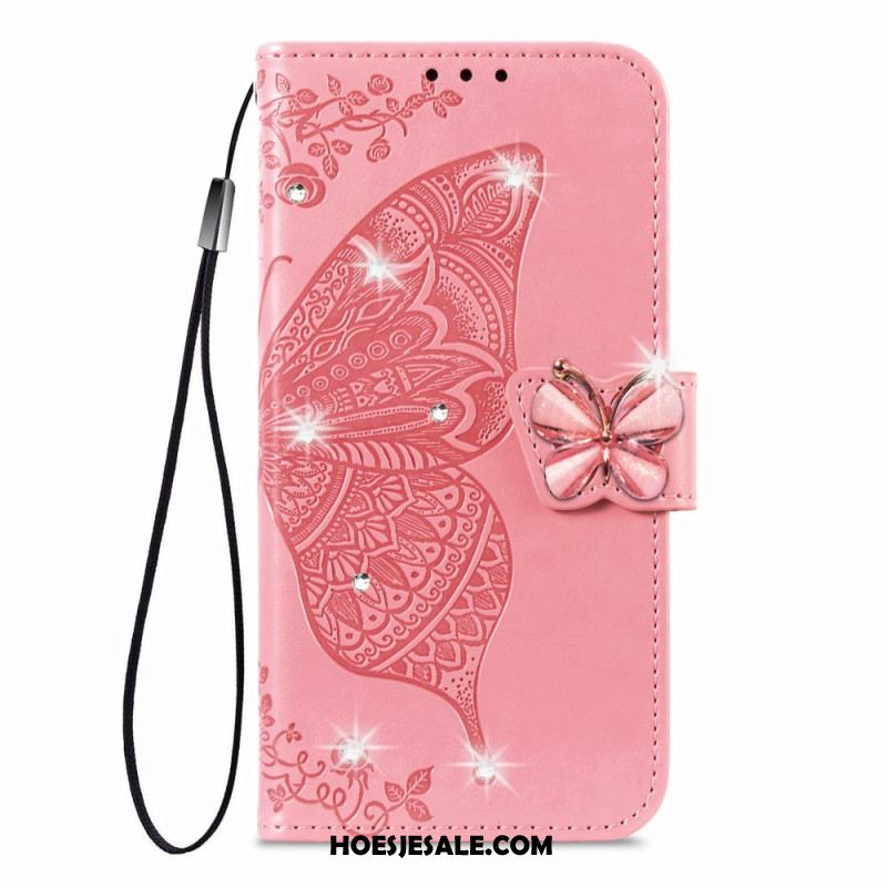 Leren Hoesje Voor Xiaomi 17 3d-vlinder En Strass-steentjes