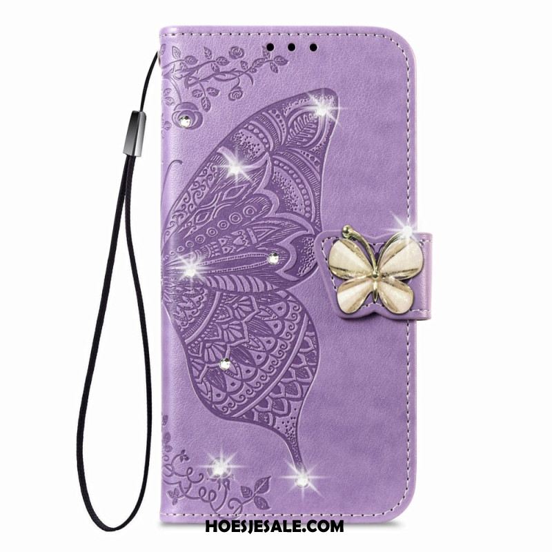 Leren Hoesje Voor Xiaomi 17 3d-vlinder En Strass-steentjes