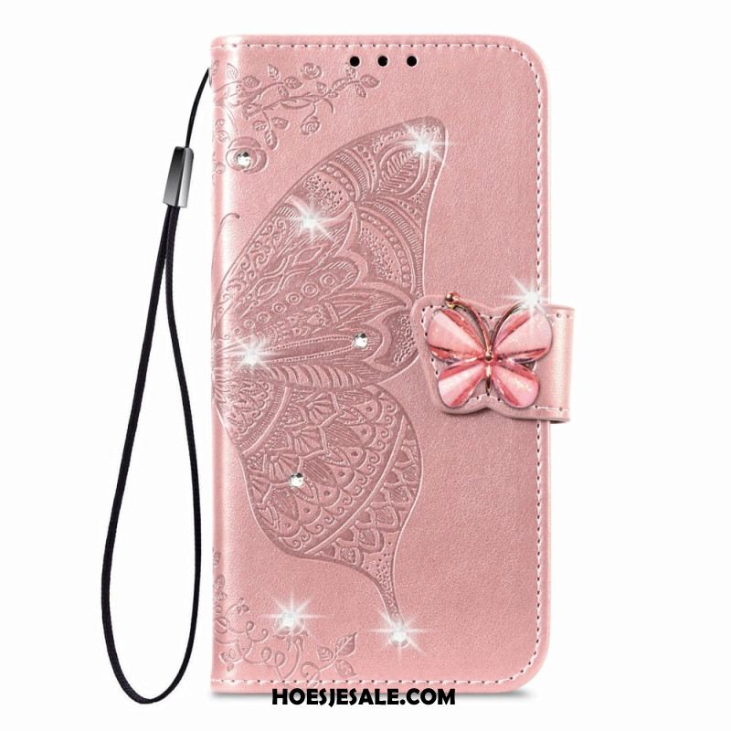 Leren Hoesje Voor Xiaomi 17 3d-vlinder En Strass-steentjes