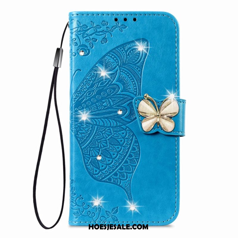 Leren Hoesje Voor Xiaomi 17 3d-vlinder En Strass-steentjes