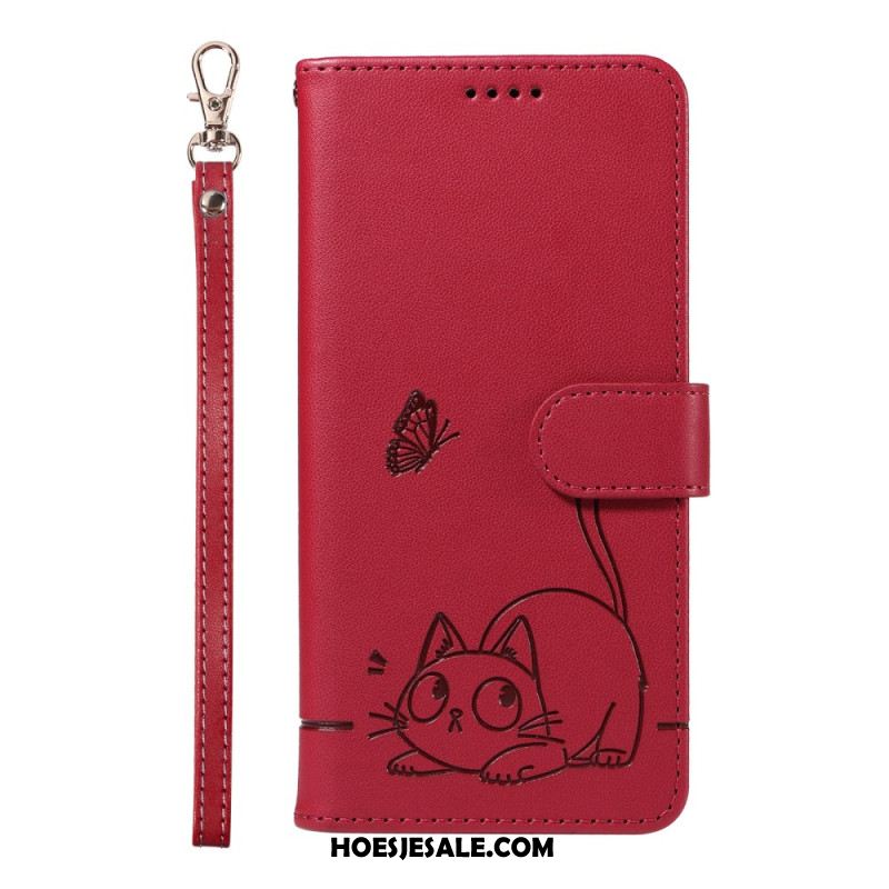 Leren Hoesje Voor Xiaomi Redmi Note 14 4g Leuke Kat Met Bandje