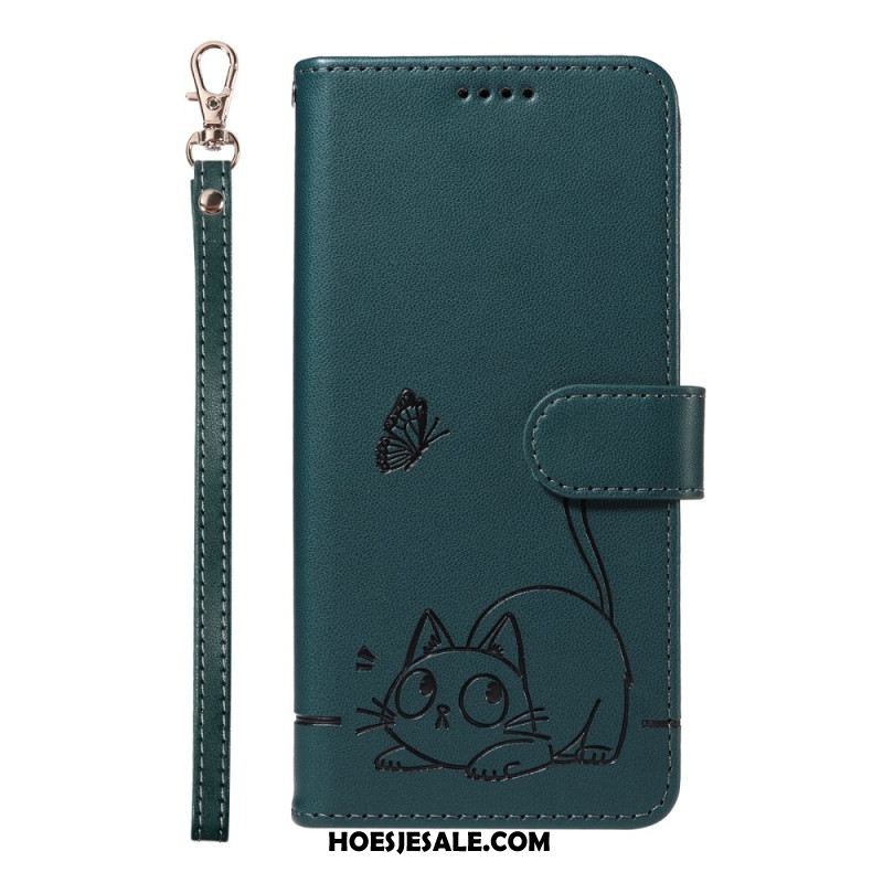 Leren Hoesje Voor Xiaomi Redmi Note 14 4g Leuke Kat Met Bandje