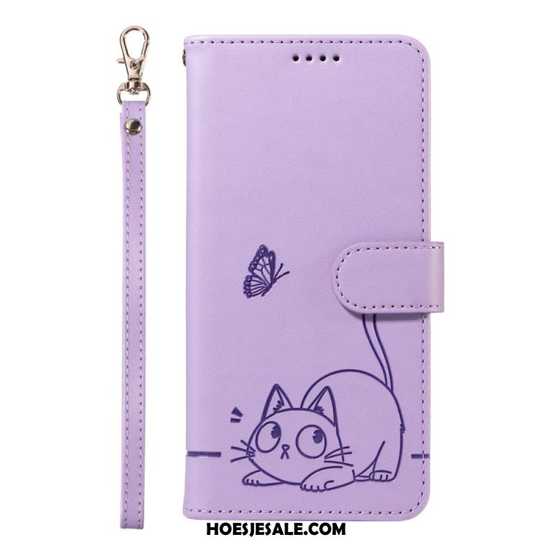 Leren Hoesje Voor Xiaomi Redmi Note 14 4g Leuke Kat Met Bandje