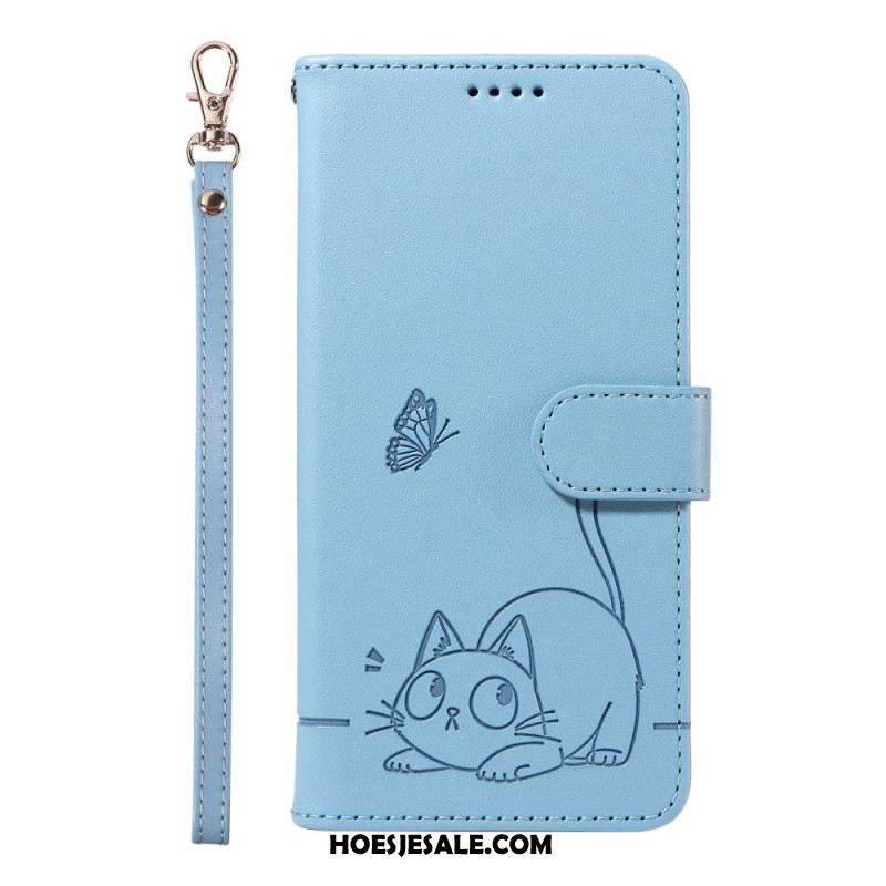 Leren Hoesje Voor Xiaomi Redmi Note 14 4g Leuke Kat Met Bandje