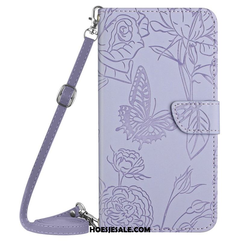 Leren Hoesje Voor Xiaomi Redmi Note 14 4g Schouderband Met Vlinderprint