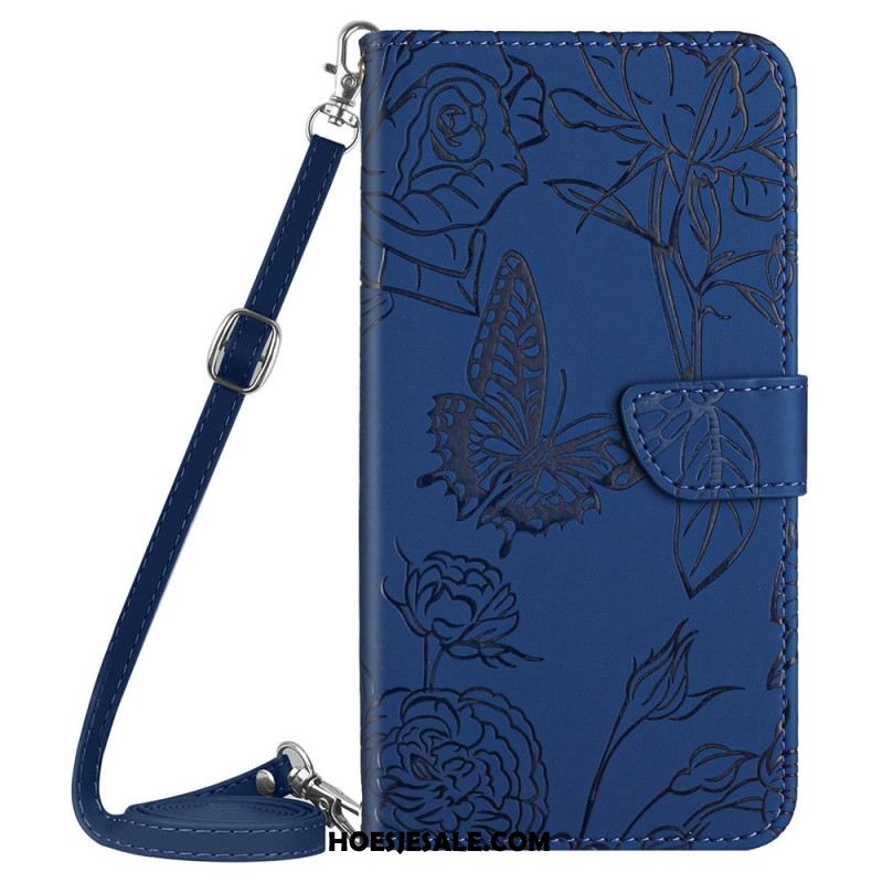 Leren Hoesje Voor Xiaomi Redmi Note 14 4g Schouderband Met Vlinderprint