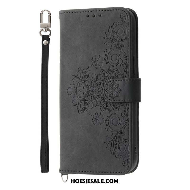 Leren Hoesje Voor Xiaomi Redmi Note 14 Pro 5g Kantpatroon Met Bandje En Schouderband