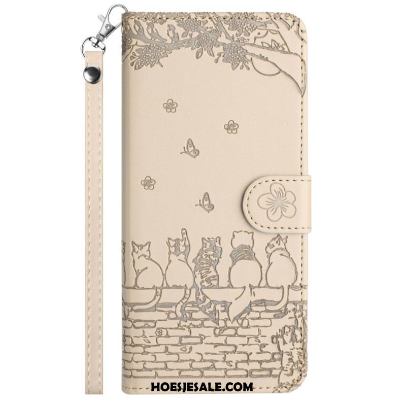 Leren Hoesje Voor Xiaomi Redmi Note 14 Pro 5g Kattenpatroon Met Bandje