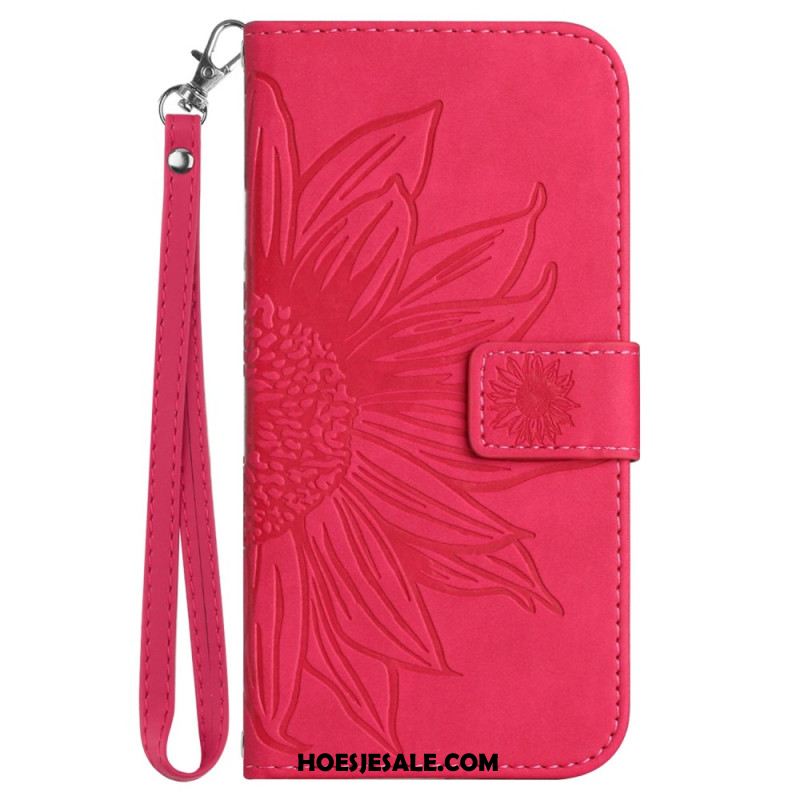 Leren Hoesje Xiaomi Redmi Note 14 4g Zonnebloemprint Met Koord Bescherming Hoesje