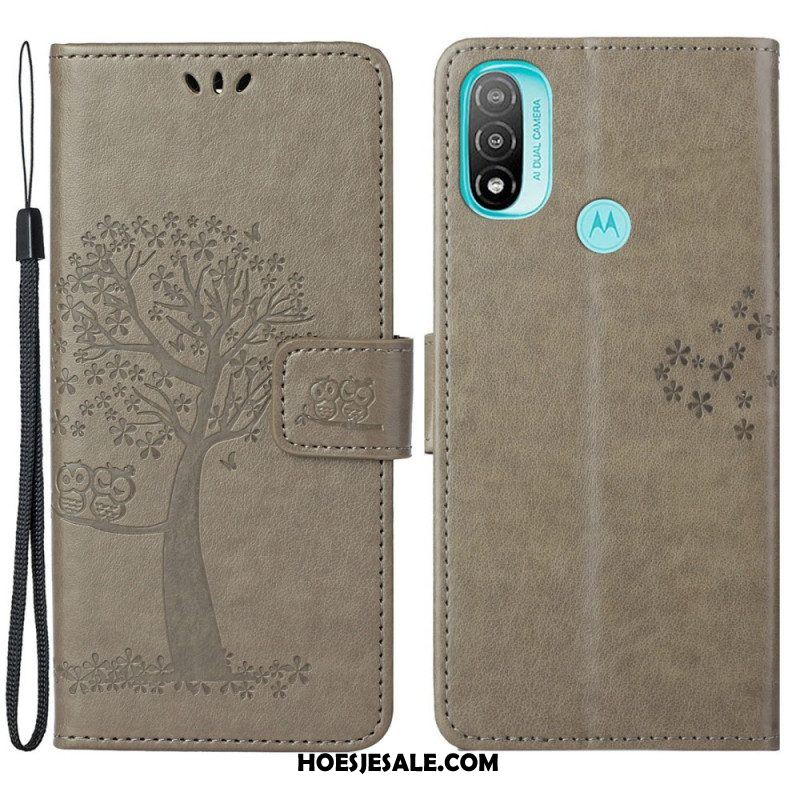 Leren Hoesje voor Moto G71 5G Met Ketting String Boom En Uilen